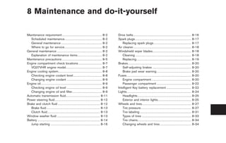 Black plate (25,1)




8 Maintenance and do-it-yourself

Maintenance requirement . . . . . . . . . . . . . . . . . . . . . . . . . . . . . . . . . . . . . 8-2                              Drive belts . . . . . . . . . . . . . . . . . . . . . . . . . . . . . . . . . . . . . . . . . . . . . . . . . . . . . .         8-16
   Scheduled maintenance. . . . . . . . . . . . . . . . . . . . . . . . . . . . . . . . . . . 8-2                                  Spark plugs . . . . . . . . . . . . . . . . . . . . . . . . . . . . . . . . . . . . . . . . . . . . . . . . . . . .             8-17
   General maintenance . . . . . . . . . . . . . . . . . . . . . . . . . . . . . . . . . . . . . . 8-2                                 Replacing spark plugs . . . . . . . . . . . . . . . . . . . . . . . . . . . . . . . . . . .                                 8-17
   Where to go for service. . . . . . . . . . . . . . . . . . . . . . . . . . . . . . . . . . . 8-2                                Air cleaner. . . . . . . . . . . . . . . . . . . . . . . . . . . . . . . . . . . . . . . . . . . . . . . . . . . . . .          8-18
General maintenance . . . . . . . . . . . . . . . . . . . . . . . . . . . . . . . . . . . . . . . . . . 8-2                        Windshield wiper blades. . . . . . . . . . . . . . . . . . . . . . . . . . . . . . . . . . . .                                  8-18
   Explanation of maintenance items. . . . . . . . . . . . . . . . . . . . . . . 8-2                                                   Cleaning . . . . . . . . . . . . . . . . . . . . . . . . . . . . . . . . . . . . . . . . . . . . . . . . . . . .            8-18
Maintenance precautions . . . . . . . . . . . . . . . . . . . . . . . . . . . . . . . . . . . . . 8-5                                  Replacing. . . . . . . . . . . . . . . . . . . . . . . . . . . . . . . . . . . . . . . . . . . . . . . . . . .              8-19
Engine compartment check locations . . . . . . . . . . . . . . . . . . . . . . 8-7                                                 Brakes. . . . . . . . . . . . . . . . . . . . . . . . . . . . . . . . . . . . . . . . . . . . . . . . . . . . . . . . . . .     8-20
   VQ37VHR engine model. . . . . . . . . . . . . . . . . . . . . . . . . . . . . . . . . . 8-7                                         Self-adjusting brakes . . . . . . . . . . . . . . . . . . . . . . . . . . . . . . . . . . . .                               8-20
Engine cooling system. . . . . . . . . . . . . . . . . . . . . . . . . . . . . . . . . . . . . . . . . 8-8                             Brake pad wear warning . . . . . . . . . . . . . . . . . . . . . . . . . . . . . . . .                                      8-20
   Checking engine coolant level . . . . . . . . . . . . . . . . . . . . . . . . . . . 8-8                                         Fuses . . . . . . . . . . . . . . . . . . . . . . . . . . . . . . . . . . . . . . . . . . . . . . . . . . . . . . . . . . . .   8-20
   Changing engine coolant . . . . . . . . . . . . . . . . . . . . . . . . . . . . . . . . . 8-9                                       Engine compartment . . . . . . . . . . . . . . . . . . . . . . . . . . . . . . . . . . . . .                                8-20
Engine oil . . . . . . . . . . . . . . . . . . . . . . . . . . . . . . . . . . . . . . . . . . . . . . . . . . . . . . . . . 8-9       Passenger compartment . . . . . . . . . . . . . . . . . . . . . . . . . . . . . . . .                                       8-22
   Checking engine oil level . . . . . . . . . . . . . . . . . . . . . . . . . . . . . . . . . 8-9                                 Intelligent Key battery replacement . . . . . . . . . . . . . . . . . . . . . . .                                               8-22
   Changing engine oil and filter. . . . . . . . . . . . . . . . . . . . . . . . . . . . 8-9                                       Lights. . . . . . . . . . . . . . . . . . . . . . . . . . . . . . . . . . . . . . . . . . . . . . . . . . . . . . . . . . . .   8-24
Automatic transmission fluid. . . . . . . . . . . . . . . . . . . . . . . . . . . . . . . . 8-11                                       Headlights . . . . . . . . . . . . . . . . . . . . . . . . . . . . . . . . . . . . . . . . . . . . . . . . . .              8-25
Power steering fluid . . . . . . . . . . . . . . . . . . . . . . . . . . . . . . . . . . . . . . . . . . 8-12                          Exterior and interior lights. . . . . . . . . . . . . . . . . . . . . . . . . . . . . . .                                   8-25
Brake and clutch fluid . . . . . . . . . . . . . . . . . . . . . . . . . . . . . . . . . . . . . . . 8-12                          Wheels and tires. . . . . . . . . . . . . . . . . . . . . . . . . . . . . . . . . . . . . . . . . . . . . .                     8-27
   Brake fluid . . . . . . . . . . . . . . . . . . . . . . . . . . . . . . . . . . . . . . . . . . . . . . . . . . 8-13                Tire pressure. . . . . . . . . . . . . . . . . . . . . . . . . . . . . . . . . . . . . . . . . . . . . . .                  8-27
   Clutch fluid . . . . . . . . . . . . . . . . . . . . . . . . . . . . . . . . . . . . . . . . . . . . . . . . . 8-13                 Tire labeling . . . . . . . . . . . . . . . . . . . . . . . . . . . . . . . . . . . . . . . . . . . . . . . .               8-31
Window washer fluid . . . . . . . . . . . . . . . . . . . . . . . . . . . . . . . . . . . . . . . . 8-13                               Types of tires . . . . . . . . . . . . . . . . . . . . . . . . . . . . . . . . . . . . . . . . . . . . . .                  8-33
Battery . . . . . . . . . . . . . . . . . . . . . . . . . . . . . . . . . . . . . . . . . . . . . . . . . . . . . . . . . . 8-14       Tire chains. . . . . . . . . . . . . . . . . . . . . . . . . . . . . . . . . . . . . . . . . . . . . . . . . .              8-34
   Jump starting . . . . . . . . . . . . . . . . . . . . . . . . . . . . . . . . . . . . . . . . . . . . . . 8-16                      Changing wheels and tires . . . . . . . . . . . . . . . . . . . . . . . . . . . . .                                         8-34




                                                                                                                                                                                                              Model "Z34-D" EDITED: 2009/ 3/ 30
 
