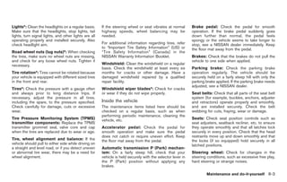 Black plate (293,1)




Lights*: Clean the headlights on a regular basis.      If the steering wheel or seat vibrates at normal      Brake pedal: Check the pedal for smooth
Make sure that the headlights, stop lights, tail       highway speeds, wheel balancing may be                operation. If the brake pedal suddenly goes
lights, turn signal lights, and other lights are all   needed.                                               down further than normal, the pedal feels
operating properly and installed securely. Also                                                              spongy or the vehicle seems to take longer to
check headlight aim.                                   For additional information regarding tires, refer     stop, see a NISSAN dealer immediately. Keep
                                                       to “Important Tire Safety Information” (US) or        the floor mat away from the pedal.
Road wheel nuts (lug nuts)*: When checking             “Tire Safety Information” (Canada) in the
the tires, make sure no wheel nuts are missing,        NISSAN Warranty Information Booklet.                  Brakes: Check that the brakes do not pull the
and check for any loose wheel nuts. Tighten if                                                               vehicle to one side when applied.
necessary.                                             Windshield: Clean the windshield on a regular
                                                       basis. Check the windshield at least every six        Parking brake: Check the parking brake
Tire rotation*: Tires cannot be rotated because        months for cracks or other damage. Have a             operation regularly. The vehicle should be
your vehicle is equipped with different sized tires    damaged windshield repaired by a qualified            securely held on a fairly steep hill with only the
in the front and rear.                                 repair facility.                                      parking brake applied. If the parking brake needs
                                                                                                             adjusted, see a NISSAN dealer.
Tires*: Check the pressure with a gauge often          Windshield wiper blades*: Check for cracks
and always prior to long distance trips. If            or wear if they do not wipe properly.                 Seat belts: Check that all parts of the seat belt
necessary, adjust the pressure in all tires,                                                                 system (for example, buckles, anchors, adjuster
including the spare, to the pressure specified.        Inside the vehicle                                    and retractors) operate properly and smoothly,
Check carefully for damage, cuts or excessive          The maintenance items listed here should be           and are installed securely. Check the belt
wear.                                                  checked on a regular basis, such as when              webbing for cuts, fraying, wear or damage.
                                                       performing periodic maintenance, cleaning the
Tire Pressure Monitoring System (TPMS)                 vehicle, etc.                                         Seats: Check seat position controls such as
transmitter components: Replace the TPMS                                                                     seat adjusters, seatback recliner, etc. to ensure
transmitter grommet seal, valve core and cap           Accelerator pedal: Check the pedal for                they operate smoothly and that all latches lock
when the tires are replaced due to wear or age.        smooth operation and make sure the pedal              securely in every position. Check that the head
                                                       does not catch or require uneven effort. Keep         restraints move up and down smoothly and that
Tire, wheel alignment and balance: If the              the floor mat away from the pedal.                    the locks (if so equipped) hold securely in all
vehicle should pull to either side while driving on                                                          latched positions.
a straight and level road, or if you detect uneven     Automatic transmission P (Park) mechan-
or abnormal tire wear, there may be a need for         ism: On a fairly steep hill, check that your          Steering wheel: Check for changes in the
wheel alignment.                                       vehicle is held securely with the selector lever in   steering conditions, such as excessive free play,
                                                       the P (Park) position without applying any            hard steering or strange noises.
                                                       brakes.

                                                                                                                     Maintenance and do-it-yourself 8-3



                                                                                                                  Model "Z34-D" EDITED: 2009/ 3/ 30
 