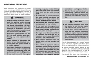 Black plate (295,1)




MAINTENANCE PRECAUTIONS

When performing any inspection or mainte-                 running, keep your hands, clothing,            cable before working near the fan.
nance work on your vehicle, always take care              hair and tools away from moving
to prevent serious accidental injury to yourself or                                                  .   The fuel filter or fuel lines should be
                                                          fans, belts and any other moving               serviced by a NISSAN dealer be-
damage to the vehicle. The following are general
precautions which should be closely observed.             parts.                                         cause the fuel lines are under high
                                                      .   It is advisable to secure or remove            pressure even when the engine is
                     WARNING                              any loose clothing and remove any              off.
                                                          jewelry, such as rings, watches, etc.
 .    Park the vehicle on a level surface,                before working on your vehicle.
      apply the parking brake securely                .   Always wear eye protection when-                               CAUTION
      and block the wheels to prevent                     ever you work on your vehicle.             .   Do not work under the hood while
      the vehicle from moving. For man-
                                                      .   If you must run the engine in an               the engine is hot. Turn the engine
      ual transmission models, move the
                                                          enclosed space such as a garage, be            off and wait until it cools down.
      shift lever to N (Neutral). For auto-
                                                          sure there is proper ventilation for       .   Avoid direct contact with used en-
      matic transmission models, move
                                                          exhaust gases to escape.                       gine oil and coolant. Improperly
      the selector lever to P (Park).
                                                      .   Never get under the vehicle while it           disposed engine oil, coolant, and/
 .    Be sure the ignition switch is in the
                                                          is supported only by a jack. If it is          or other vehicle fluids can damage
      OFF or LOCK position when per-
                                                          necessary to work under the vehicle,           the environment. Always conform to
      forming any parts replacement or
                                                          support it with safety stands.                 local regulations for disposal of
      repairs.
                                                      .   Keep smoking materials, flame and              vehicle fluid.
 .    Never connect or disconnect the
                                                          sparks away from fuel tank and the
      battery or any transistorized com-                                                            This “8. Maintenance and do-it-yourself” section
                                                          battery.
      ponent while the ignition switch is                                                           gives instructions regarding only those items
      in the ON position.                             .   Your vehicle is equipped with an          which are relatively easy for an owner to perform.
                                                          automatic engine cooling fan. It may
 .    Never leave the engine or automatic                                                           A genuine NISSAN Service Manual is also
                                                          come on at any time without warn-
      transmission related component                                                                available. (See “OWNER’S MANUAL/SERVICE
                                                          ing, even if the ignition key is in the
      harnesses disconnected while the                                                              MANUAL ORDER INFORMATION” in the “9.
                                                          OFF position and the engine is not
      ignition switch is in the ON position.                                                        Technical and consumer information” section.)
                                                          running. To avoid injury, always
 .    If you must work with the engine                    disconnect the negative battery           You should be aware that incomplete or
                                                                                                            Maintenance and do-it-yourself 8-5



                                                                                                         Model "Z34-D" EDITED: 2009/ 3/ 30
 