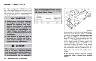 Black plate (298,1)




ENGINE COOLING SYSTEM

The engine cooling system is filled at the factory    lized or distilled water. The use of other
with a high-quality, year-round, anti-freeze cool-    types of coolant solutions may damage
ant solution. The antifreeze solution contains
                                                      the engine cooling system.
rust and corrosion inhibitors, therefore additional
cooling system additives are not necessary.
                                                         Outside
                                                       temperature                  Demineralized
                     WARNING                             down to       Antifreeze   water or dis-
                                                                                     tilled water
 .    Never remove the radiator cap when               8C      8F
      the engine is hot. Wait until the               −35     −30        50%            50%
      engine and radiator cool down.
      Serious burns could be caused by
      high pressure fluid escaping from
      the radiator. See precautions in “IF
                                                                                                                                                 SDI2043
      YOUR VEHICLE OVERHEATS” in the
      “6. In case of emergency” section of                                                          CHECKING ENGINE COOLANT LEVEL
      this manual.
                                                                                                    Check the coolant level in the reservoir when
 .    The radiator is equipped with a                                                               the engine is cold. If the coolant level is below
      pressure type radiator cap. To pre-                                                           MIN * , open the reservoir tank cap and add
                                                                                                            2
      vent engine damage, use only a                                                                coolant up to the MAX * level. If the reservoir
                                                                                                                               1
      genuine NISSAN radiator cap.                                                                  tank is empty, check the coolant level in the
                                                                                                    radiator when the engine is cold. If there is
                                                                                                    insufficient coolant in the radiator, fill the radiator
                     CAUTION                                                                        with coolant up to the filler opening and also add
                                                                                                    it to the reservoir tank up to the MAX level * .    1
 When adding or replacing coolant, be
                                                                                                    Tighten the cap securely after adding engine
 sure to use only a Genuine NISSAN
                                                                                                    coolant.
 Long Life Antifreeze/Coolant (green) or
 equivalent with the proper mixture ratio                                                           If the cooling system requires coolant
 of 50% antifreeze and 50% deminera-                                                                frequently, have it checked by a NISSAN
                                                                                                    dealer.
8-8   Maintenance and do-it-yourself



                                                                                                          Model "Z34-D" EDITED: 2009/ 3/ 30
 