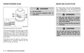Black plate (302,1)




POWER STEERING FLUID                                                                 BRAKE AND CLUTCH FLUID

                                                                                     For further brake and clutch fluid information,
                                                                       CAUTION       see “CAPACITIES AND RECOMMENDED
                                                                                     FUEL/LUBRICANTS” in the “9. Technical and
                                                     .   Do not overfill.            consumer information” section of this manual.
                                                     .   Use Genuine NISSAN PSF or
                                                         equivalent.                                    WARNING
                                                                                      .   Use only new fluid from a sealed
                                                                                          container. Old, inferior or contami-
                                                                                          nated fluid may damage the brake
                                                                                          and clutch system.
                                                                                      .   Be sure to clean the filler cap before
                                                                                          removing.
                                          SDI1765A

Check the fluid level in the reservoir.                                                                  CAUTION
The fluid level should be checked using the HOT
                                                                                      Do not spill the fluid on painted sur-
range (* : HOT MAX., * : HOT MIN.) at fluid
         1                 2
temperatures of 122 to 1768F (50 to 808C) or                                          faces. This will damage the paint. If
using the COLD range (* : COLD MAX., * :
                           3                 4                                        fluid is spilled, wash the surface with
COLD MIN.) at fluid temperatures of 32 to 868F                                        water.
(0 to 308C).
If the fluid is below the MIN line, add Genuine
NISSAN PSF or equivalent. Remove the cap
and fill through the opening.




8-12 Maintenance and do-it-yourself


                                                                                          Model "Z34-D" EDITED: 2009/ 3/ 30
 