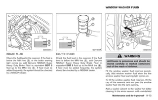 Black plate (303,1)




                                                                                                                 WINDOW WASHER FLUID




                                           SDI2025A                                                SDI1906A                                                SDI2349

BRAKE FLUID                                               CLUTCH FLUID
Check the fluid level in the reservoir. If the fluid is   Check the fluid level in the reservoir. If the fluid
                                                                                                                                      WARNING
below the MIN line * or the brake warning
                        1                                 level is below the MIN line * , add Genuine
                                                                                         1                        Antifreeze is poisonous and should be
light comes on, add Genuine NISSAN Super                  NISSAN Super Heavy Duty Brake Fluid or                  stored carefully in marked containers
Heavy Duty Brake Fluid or equivalent DOT 3                equivalent DOT 3 fluid up to the MAX line * .    2
                                                                                                                  out of the reach of children.
fluid up to the MAX line * . If fluid must be
                              2                           If fluid must be added frequently, the system
added frequently, the system should be checked            should be checked by a NISSAN dealer.                  Fill the window washer fluid reservoir periodi-
by a NISSAN dealer.                                                                                              cally. Add window washer fluid when the low
                                                                                                                 window washer fluid warning light comes on.
                                                                                                                 To fill the window washer fluid reservoir, lift the
                                                                                                                 cap off the reservoir tank and pour the window
                                                                                                                 washer fluid into the tank opening.
                                                                                                                 Add a washer solvent to the washer for better
                                                                                                                 cleaning. In the winter season, add a windshield
                                                                                                                        Maintenance and do-it-yourself 8-13



                                                                                                                      Model "Z34-D" EDITED: 2009/ 3/ 30
 