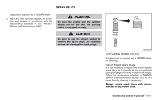 Black plate (307,1)




                                                 SPARK PLUGS

   replaced or adjusted by a NISSAN dealer.
2. Have the belts checked regularly for condi-
                                                               WARNING
   tion and tension in accordance with the       Be sure the engine and the ignition
   maintenance schedule in your “NISSAN          switch are off and that the parking
   Service and Maintenance Guide”.
                                                 brake is engaged securely.


                                                                CAUTION
                                                 Be sure to use the correct socket to
                                                 remove the spark plugs. An incorrect
                                                 socket can damage the spark plugs.

                                                                                                                                 SDI2020

                                                         