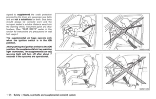 Black plate (40,1)




signed to supplement the crash protection
provided by the driver and passenger seat belts
and are not a substitute for them. Seat belts
should always be correctly worn and the
occupant seated a suitable distance away from
the steering wheel, instrument panel and door
finishers. (See “SEAT BELTS” earlier in this
section for instructions and precautions on seat
belt usage.)
The supplemental air bags operate only
when the ignition switch is in the ON
position.
After pushing the ignition switch to the ON
position, the supplemental air bag warning                                                    SSS0131B
light illuminates. The supplemental air bag
warning light will turn off after about 7
seconds if the systems are operational.




                                                                                              SSS0132B


1-26 Safety — Seats, seat belts and supplemental restraint system


                                                                    Model "Z34-D" EDITED: 2009/ 3/ 30
 