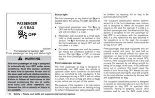 Black plate (46,1)




                                                    Status light:                                           as children, by requiring the air bag to be
                                                                                                            automatically turned OFF.
                                                    The front passenger air bag status light       is
                                                    located above the ashtray. The light operates as        The occupant classification sensor (pattern
                                                    follows:                                                sensor) is in the front passenger seat cushion
                                                                                                            and is designed to detect an occupant and
                                                    .   Unoccupied passenger seat: The           is         objects on the seat. For example, if a child is in
                                                        OFF and the front passenger air bag is OFF          the front passenger seat, the Advanced Air Bag
                                                        and will not inflate in a crash.                    System is designed to turn the passenger air
                                                    .   Passenger seat occupied by a small adult,           bag OFF in accordance with the regulations.
                                                        child or child restraint as outlined in this        Also, if a child restraint of the type specified in
                                                        section: The        illuminates to indicate that    the regulations is on the seat, the occupant
                                                        the front passenger air bag is OFF and will         classification sensor can detect it and cause the
                                                        not inflate in a crash.                             air bag to turn OFF.
                                          SSS0988   .   Occupied passenger seat and the passen-             Front passenger seat adult occupants who are
       Front passenger air bag status light
                                                        ger meets the conditions outlined in this           properly seated and using the seat belt as
Front passenger air bag and status light                section: The light      is OFF to indicate          outlined in this manual should not cause the
                                                        that the front passenger air bag is opera-          passenger air bag to be automatically turned
                    WARNING                             tional.                                             OFF. For small adults it may be turned OFF,
                                                                                                            however, if the occupant does not sit in the seat
 The front passenger air bag is designed            Front passenger air bag:                                properly (for example, by not sitting upright, by
 to automatically turn OFF under some                                                                       sitting on an edge of the seat, or by otherwise
                                                    The front passenger air bag is designed to
 conditions. Read this section carefully                                                                    being out of position), this could cause the
                                                    automatically turn OFF when the vehicle is
                                                                                                            sensor to turn the air bag OFF. Always be sure
 to learn how it operates. Proper use of            operated under some conditions as described
                                                                                                            to be seated and wearing the seat belt properly
 the seat, seat belt and child restraints is        below as permitted by U.S. regulations. If the
                                                                                                            for the most effective protection by the seat belt
 necessary for most effective protection.           front passenger air bag is OFF, it will not inflate
                                                                                                            and supplemental air bag.
 Failure to follow all instructions in this         in a crash. The driver air bag and other air bags
 manual concerning the use of seats,                in your vehicle are not part of this system.            The occupant classification sensor is designed
 seat belts and child restraints can                                                                        to operate as described above to turn the front
                                                    The purpose of the regulation is to help reduce
 increase the risk or severity of injury in                                                                 passenger air bag OFF for specified child
                                                    the risk of injury or death from an inflating air bag
                                                                                                            restraints. Failing to properly secure child
 an accident.                                       to certain front passenger seat occupants, such
                                                                                                            restrains and to use the ALR mode (child
1-32 Safety — Seats, seat belts and supplemental restraint system


                                                                                                                 Model "Z34-D" EDITED: 2009/ 3/ 30
 