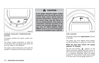 Black plate (60,1)




                                                                   CAUTION
                                                  If the gauge indicates engine coolant
                                                  temperature near the hot (H) end of the
                                                  normal range, reduce vehicle speed to
                                                  decrease temperature. If gauge is over
                                                  the normal range, stop the vehicle as
                                                  soon as safely possible. If the engine is
                                                  overheated, continued operation of the
                                                  vehicle may seriously damage the en-
                                                  gine. See “IF YOUR VEHICLE OVER-
                                                  HEATS” in the “6. In case of emergency”
                                                  section for immediate action required.
                                      SIC3975                                                                                          SIC3976

ENGINE COOLANT TEMPERATURE                                                                    FUEL GAUGE
GAUGE                                                                                         The gauge indicates the approximate fuel level
The gauge indicates the engine coolant tem-                                                   in the tank.
perature.
                                                                                              The gauge may move slightly during braking,
The engine coolant temperature is within the                                                  turning, acceleration, or going up or down hills.
normal range when the gauge points within the
zone * shown in the illustration.
      1
                                                                                              Refill the fuel tank before the gauge
                                                                                              registers “E” (Empty).
The engine coolant temperature varies with the
                                                                                              The low fuel warning              appears on the
outside air temperature and driving conditions.
                                                                                              vehicle information display when the amount of
                                                                                              fuel in the tank is getting low. Refuel as soon as
                                                                                              it is convenient, preferably before the gauge
                                                                                              reaches “E”. There will be a small reserve of fuel
                                                                                              in the tank when the fuel gauge reaches “E”.

2-6   Instruments and controls



                                                                                                   Model "Z34-D" EDITED: 2009/ 3/ 30
 