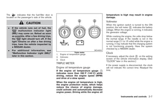 Black plate (61,1)




The       indicates that the fuel-filler door is                                                 temperature is high may result in engine
located on the passenger’s side of the vehicle.                                                  damage.
                                                                                                 Voltmeter
                    CAUTION                                                                      When the ignition switch is turned to the ON
 .   If the vehicle runs out of fuel, the                                                        position, the volt meter * indicates the battery
                                                                                                                          2

            malfunction indicator light                                                          voltage. When the engine is running, it indicates
                                                                                                 the generator voltage.
     (MIL) may come on. Refuel as soon
     as possible. After a few driving trips,                                                     While cranking the engine, the volts drop below
     the       light should turn off. If the                                                     the normal range. If the needle is not in the
     light remains on after a few driving                                                        normal range (11 to 15 volts) while the engine is
     trips, have the vehicle inspected by                                                        running, it may indicate that the charging system
     a NISSAN dealer.                                                                            is not functioning properly. Have the system
                                                                                                 checked by a NISSAN dealer.
 .   For additional information, see                                                   SIC4003
     “Malfunction Indicator Light (MIL)”                               Triple meter              Clock
                                                   1.   Engine oil temperature gauge
     later in this section.                        2.   Voltmeter                                If necessary, adjust the clock * on the setting
                                                                                                                                3

                                                   3.   Clock
                                                                                                 screen of the vehicle information display. (See
                                                                                                 “CLOCK” later in this section.)
                                                   TRIPLE METER
                                                                                                 If the power supply is disconnected, the clock
                                                   Engine oil temperature gauge                  will not indicate the correct time. Readjust the
                                                   If the engine oil temperature gauge *1        time.
                                                   indicates more than 2808F (1408C) while
                                                   driving, reduce the engine speed (RPM)
                                                   and drive at a slow speed.
                                                   When the engine oil temperature is high,
                                                   the engine protection mode, which helps
                                                   reduce the chance of engine damage,
                                                   could activate and automatically decrease
                                                   engine power. Driving while the engine oil
                                                                                                                Instruments and controls 2-7



                                                                                                      Model "Z34-D" EDITED: 2009/ 3/ 30
 