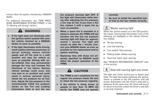 Black plate (65,1)




minute. Have the system checked by a NISSAN        tire pressure warning light OFF. If                correctly.
dealer.                                            the light still illuminates while driv-       .    Be sure to install the specified size
For additional information, see “TIRE PRES-        ing after adjusting the tire pressure,             of tires to the four wheels correctly.
SURE MONITORING SYSTEM (TPMS)” in the              a tire may be flat. If you have a flat
“5. Starting and driving” section.                 tire, replace it with a spare tire as
                                                   soon as possible.                                    Master warning light
                  WARNING                      .   When a spare tire is mounted or a         When the ignition switch is in the ON position,
                                                   wheel is replaced, the TPMS will not      the master warning light illuminates if any of the
 .   If the light does not illuminate with         function and the low tire pressure        following are displayed on the vehicle informa-
     the ignition switch pushed ON, have           warning light will flash for approxi-     tion display:
     the vehicle checked by a NISSAN               mately 1 minute. The light will           .       No key warning
     dealer as soon as possible.                   remain on after the 1 minute. Con-
 .   If the light illuminates while driving,       tact your NISSAN dealer as soon as        .       Low fuel warning
     avoid sudden steering maneuvers or            possible for tire replacement and/or      .       Low washer fluid warning
     abrupt braking, reduce vehicle                system resetting.
     speed, pull off the road to a safe                                                      .       Parking brake release warning
                                               .   Replacing tires with those not ori-
     location and stop the vehicle as              ginally specified by NISSAN could         .       Door/rear hatch open warning
     soon as possible. Driving with un-            affect the proper operation of the
     der-inflated tires may permanently                                                      See “VEHICLE INFORMATION DISPLAY” later
                                                   TPMS.                                     in this section.
     damage the tires and increase the
     likelihood of tire failure. Serious
     vehicle damage could occur and                              CAUTION                                Seat belt warning light and chime
     may lead to an accident and could
                                                                                             The light and chime remind you to fasten seat
     result in serious personal injury.        .   The TPMS is not a substitute for the
                                                                                             belts. The light illuminates whenever the ignition
     Check the tire pressure for all four          regular tire pressure check. Be sure      switch is pushed to the ON position, and will
     tires. Adjust the tire pressure to the        to check the tire pressure regularly.     remain illuminated until the driver’s seat belt is
     recommended COLD tire pressure            .   If the vehicle is being driven at         fastened. At the same time, the chime will sound
     shown on the Tire and Loading                 speeds of less than 16 MPH (25            for about 6 seconds unless the driver’s seat belt
     Information label to turn the low             km/h), the TPMS may not operate           is securely fastened.

                                                                                                              Instruments and controls 2-11



                                                                                                      Model "Z34-D" EDITED: 2009/ 3/ 30
 