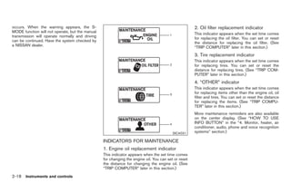 Black plate (72,1)




occurs. When the warning appears, the S-                                                             2. Oil filter replacement indicator
MODE function will not operate, but the manual                                                       This indicator appears when the set time comes
transmission will operate normally and driving                                                       for replacing the oil filter. You can set or reset
can be continued. Have the system checked by                                                         the distance for replacing the oil filter. (See
a NISSAN dealer.                                                                                     “TRIP COMPUTER” later in this section.)
                                                                                                     3. Tire replacement indicator
                                                                                                     This indicator appears when the set time comes
                                                                                                     for replacing tires. You can set or reset the
                                                                                                     distance for replacing tires. (See “TRIP COM-
                                                                                                     PUTER” later in this section.)
                                                                                                     4. “OTHER” indicator
                                                                                                     This indicator appears when the set time comes
                                                                                                     for replacing items other than the engine oil, oil
                                                                                                     filter and tires. You can set or reset the distance
                                                                                                     for replacing the items. (See “TRIP COMPU-
                                                                                                     TER” later in this section.)
                                                                                                     More maintenance reminders are also available
                                                                                                     on the center display. (See “HOW TO USE
                                                                                                     INFO BUTTON” in the “4. Monitor, heater, air
                                                                                                     conditioner, audio, phone and voice recognition
                                                                                         SIC4031     systems” section.)

                                                 INDICATORS FOR MAINTENANCE
                                                 1. Engine oil replacement indicator
                                                 This indicator appears when the set time comes
                                                 for changing the engine oil. You can set or reset
                                                 the distance for changing the engine oil. (See
                                                 “TRIP COMPUTER” later in this section.)
2-18 Instruments and controls


                                                                                                          Model "Z34-D" EDITED: 2009/ 3/ 30
 
