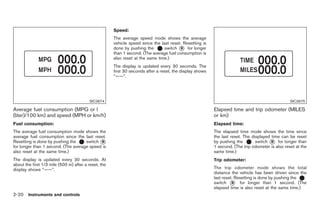 Black plate (74,1)




                                                      Speed:
                                                      The average speed mode shows the average
                                                      vehicle speed since the last reset. Resetting is
                                                      done by pushing the       switch * for longer
                                                                                        B
                                                      than 1 second. (The average fuel consumption is
                                                      also reset at the same time.)
                                                      The display is updated every 30 seconds. The
                                                      first 30 seconds after a reset, the display shows
                                                      “——”.




                                         SIC3674                                                                                                  SIC3675

Average fuel consumption (MPG or l                                                                        Elapsed time and trip odometer (MILES
(liter)/100 km) and speed (MPH or km/h)                                                                   or km)
Fuel consumption:                                                                                         Elapsed time:
The average fuel consumption mode shows the                                                               The elapsed time mode shows the time since
average fuel consumption since the last reset.                                                            the last reset. The displayed time can be reset
Resetting is done by pushing the     switch *
                                            B                                                             by pushing the        switch * for longer than
                                                                                                                                        B
for longer than 1 second. (The average speed is                                                           1 second. (The trip odometer is also reset at the
also reset at the same time.)                                                                             same time.)
The display is updated every 30 seconds. At                                                               Trip odometer:
about the first 1/3 mile (500 m) after a reset, the
display shows “——”.                                                                                       The trip odometer mode shows the total
                                                                                                          distance the vehicle has been driven since the
                                                                                                          last reset. Resetting is done by pushing the
                                                                                                          switch * for longer than 1 second. (The
                                                                                                                    B
                                                                                                          elapsed time is also reset at the same time.)
2-20 Instruments and controls


                                                                                                               Model "Z34-D" EDITED: 2009/ 3/ 30
 
