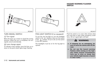 Black plate (86,1)




                                                                                                          HAZARD WARNING FLASHER
                                                                                                          SWITCH




                                      SIC3997                                                SIC3998                                           SIC2574

TURN SIGNAL SWITCH                                FOG LIGHT SWITCH (if so equipped)                       Push the switch on to warn other drivers when
                                                                                                          you must stop or park under emergency condi-
* Turn signal
1                                                 To turn the rear fog light on, turn the headlight       tions. All turn signal lights will flash.
Move the lever up or down to signal the turning   switch to the       position, then turn the switch
direction. When the turn is completed, the turn   to the      position. To turn it off, turn the switch
                                                  to the OFF position.                                                       WARNING
signals cancel automatically.
                                                                                                           .   If stopping for an emergency, be
* Lane change signal
2
                                                  The headlights must be on for the fog light to
                                                  operate.                                                     sure to move the vehicle well off the
To indicate a lane change, move the lever up or                                                                road.
down to the point where lights begin flashing.
                                                                                                           .   Do not use the hazard warning
                                                                                                               flashers while moving on the high-
                                                                                                               way unless unusual circumstances
                                                                                                               force you to drive so slowly that
                                                                                                               your vehicle might become a hazard
                                                                                                               to other traffic.
2-32 Instruments and controls


                                                                                                               Model "Z34-D" EDITED: 2009/ 3/ 30
 
