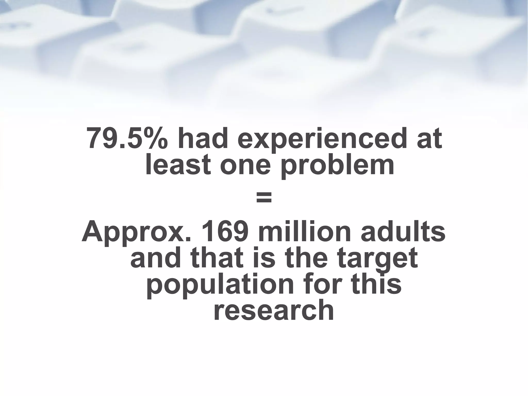 79.5% had experienced at least one problem  = Approx. 169 million adults and that is the target population for this research 
