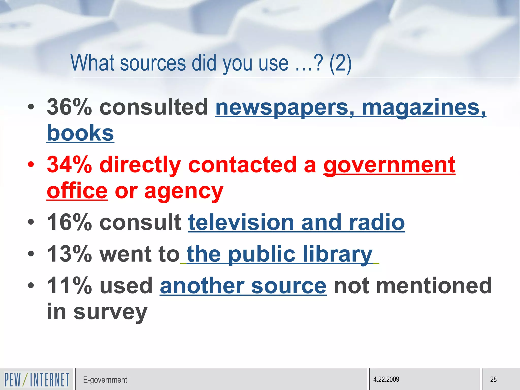 What sources did you use …? (2)  36% consulted  newspapers, magazines, books 34% directly contacted a  government office  or agency  16% consult  television and radio 13% went to   the public library   11% used  another source  not mentioned in survey  