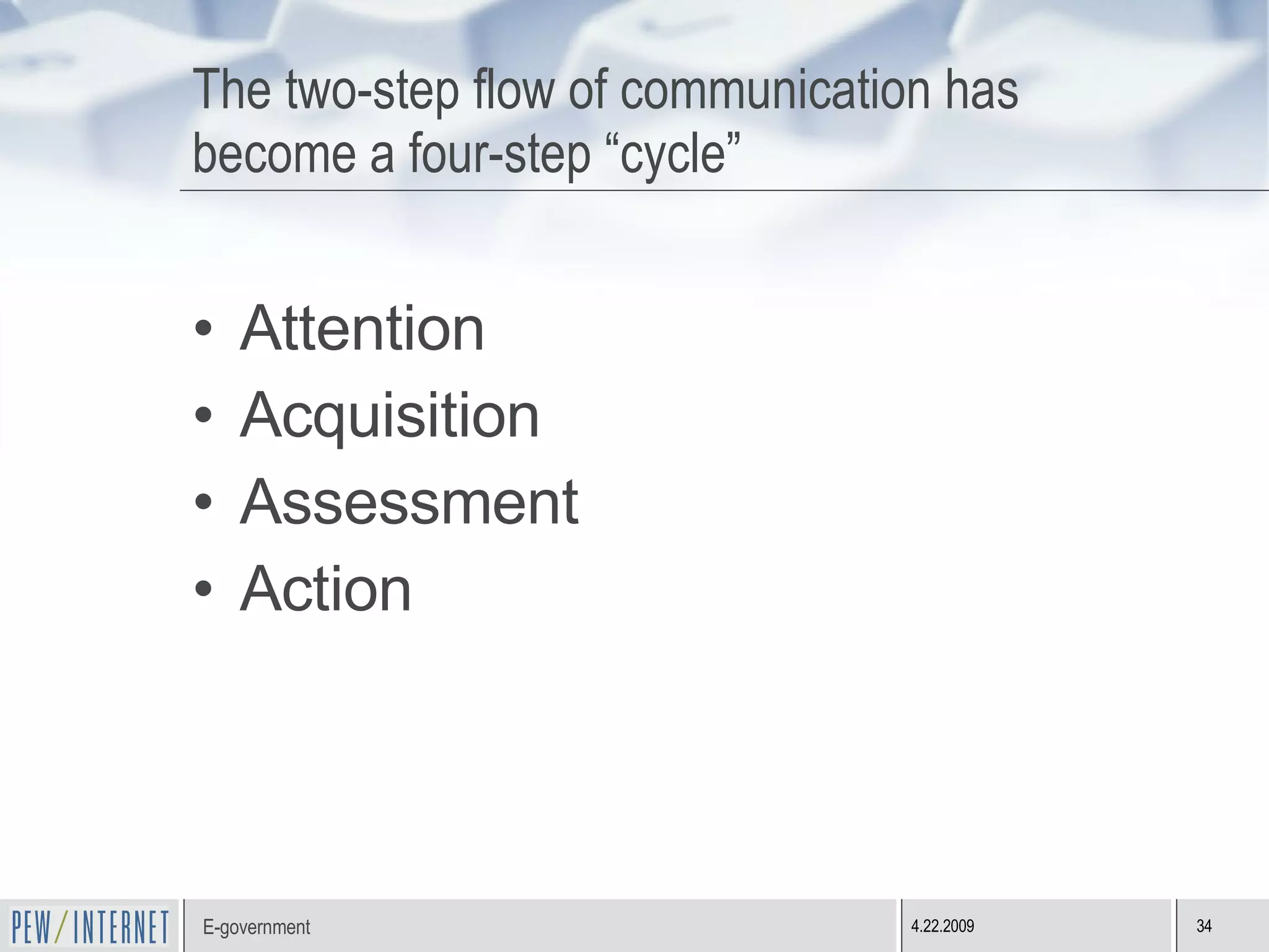 The two-step flow of communication has become a four-step “cycle” Attention Acquisition Assessment Action 