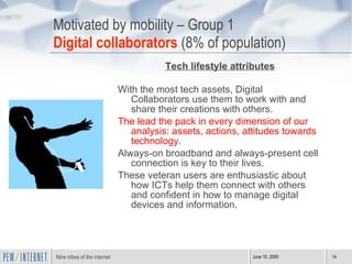 Motivated by mobility – Group 1 Digital collaborators   (8% of population) Tech lifestyle attributes With the most tech assets, Digital Collaborators use them to work with and share their creations with others. The lead the pack in every dimension of our analysis: assets, actions, attitudes towards technology. Always-on broadband and always-present cell connection is key to their lives.  These veteran users are enthusiastic about how ICTs help them connect with others and confident in how to manage digital devices and information. 