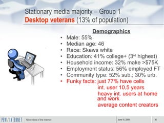 Stationary media majority – Group 1 Desktop veterans  (13% of population) Demographics Male: 55% Median age: 46 Race: Skews white Education: 41% college+ (3 rd  highest) Household income: 32% make >$75K Employment status: 56% employed FT Community type: 52% sub.; 30% urb. Funky facts: just 77% have cells int. user 10.5 years heavy int. users at home and work average content creators  