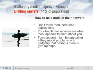Stationary media majority – Group 2 Drifting surfers  (14% of population) How to be a node in their network Don’t force-feed them tech applications Your traditional services are what most appeals to them about you Tech support might be appealing – they report problems with gadgetry that prompts them to give up hope 