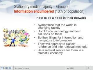 Stationary media majority – Group 3 Information encumbered  (10% of population) How to be a node in their network Sympathize that the world is changing rapidly Don’t force technology and tech solutions on them Be their filters for information and navigators to information They will appreciate classic reference and info retrieval methods Be a referral service for them in a stressful economy 