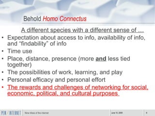 Behold  Homo Connectus A different species with a different sense of …   Expectation about access to info, availability of info, and “findability” of info  Time use  Place, distance, presence (more  and  less tied together) The possibilities of work, learning, and play Personal efficacy and personal effort The rewards and challenges of networking for social, economic, political, and cultural purposes  