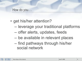 How do you…. get his/her attention? leverage your traditional platforms offer alerts, updates, feeds be available in relevant places find pathways through his/her social network 