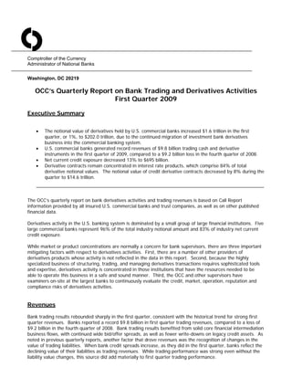 O
Comptroller of the Currency
Administrator of National Banks

Washington, DC 20219

   OCC’s Quarterly Report on Bank Trading and Derivatives Activities
                          First Quarter 2009

Executive Summary


       The notional value of derivatives held by U.S. commercial banks increased $1.6 trillion in the first
        quarter, or 1%, to $202.0 trillion, due to the continued migration of investment bank derivatives
        business into the commercial banking system.
       U.S. commercial banks generated record revenues of $9.8 billion trading cash and derivative
        instruments in the first quarter of 2009, compared to a $9.2 billion loss in the fourth quarter of 2008.
       Net current credit exposure decreased 13% to $695 billion.
       Derivative contracts remain concentrated in interest rate products, which comprise 84% of total
        derivative notional values. The notional value of credit derivative contracts decreased by 8% during the
        quarter to $14.6 trillion.



The OCC’s quarterly report on bank derivatives activities and trading revenues is based on Call Report
information provided by all insured U.S. commercial banks and trust companies, as well as on other published
financial data.

Derivatives activity in the U.S. banking system is dominated by a small group of large financial institutions. Five
large commercial banks represent 96% of the total industry notional amount and 83% of industry net current
credit exposure.

While market or product concentrations are normally a concern for bank supervisors, there are three important
mitigating factors with respect to derivatives activities. First, there are a number of other providers of
derivatives products whose activity is not reflected in the data in this report. Second, because the highly
specialized business of structuring, trading, and managing derivatives transactions requires sophisticated tools
and expertise, derivatives activity is concentrated in those institutions that have the resources needed to be
able to operate this business in a safe and sound manner. Third, the OCC and other supervisors have
examiners on-site at the largest banks to continuously evaluate the credit, market, operation, reputation and
compliance risks of derivatives activities.


Revenues

Bank trading results rebounded sharply in the first quarter, consistent with the historical trend for strong first
quarter revenues. Banks reported a record $9.8 billion in first quarter trading revenues, compared to a loss of
$9.2 billion in the fourth quarter of 2008. Bank trading results benefited from solid core financial intermediation
business flows, with continued wide bid/offer spreads, as well as fewer write-downs on legacy credit assets. As
noted in previous quarterly reports, another factor that drove revenues was the recognition of changes in the
value of trading liabilities. When bank credit spreads increase, as they did in the first quarter, banks reflect the
declining value of their liabilities as trading revenues. While trading performance was strong even without the
liability value changes, this source did add materially to first quarter trading performance.
 