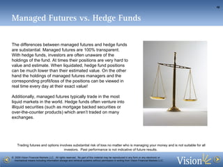 Managed Futures vs. Hedge Funds The differences between managed futures and hedge funds are substantial. Managed futures are 100% transparent. With hedge funds, investors are often unaware of the holdings of the fund. At times their positions are very hard to value and estimate. When liquidated, hedge fund positions can be much lower than their estimated value. On the other hand the holdings of managed futures managers and the corresponding profit/loss of the positions can be viewed in real time every day at their exact value! Additionally, managed futures typically trade in the most liquid markets in the world. Hedge funds often venture into illiquid securities (such as mortgage backed securities or over-the-counter products) which aren’t traded on many exchanges.  