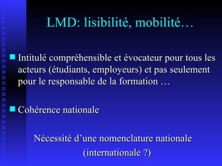 LMD: lisibilité, mobilité… Intitulé compréhensible et évocateur pour tous les acteurs (étudiants, employeurs) et pas seulement pour le responsable de la formation … Cohérence nationale Nécessité d’une nomenclature nationale (internationale ?) 