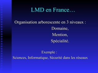 LMD en France… Organisation arborescente en 3 niveaux : Domaine, Mention, Spécialité. Exemple :  Sciences, Informatique, Sécurité dans les réseaux 