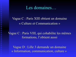 Les domaines… Vague C : Paris XIII obtient un domaine « Culture et Communication » Vague C : Paris VIII, qui cohabilite les mêmes formations, l’obtient aussi Vague D : Lille 3 demande un domaine « Information, communication, culture »  