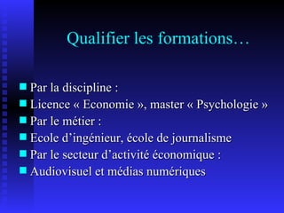 Qualifier les formations… Par la discipline : Licence « Economie », master « Psychologie » Par le métier : Ecole d’ingénieur, école de journalisme Par le secteur d’activité économique : Audiovisuel et médias numériques 