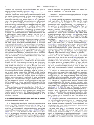 These two lines have already been modeled with the OBS, giving us
access to the supra-crustal structure (Bécel, 2006).
To this starting model with the supra-crustal structure, we then
added two ﬂat interfaces at depth, which correspond to the top of the
LLC and the Moho discontinuity at 20 and 30 km depth respectively.
The computed travel times for the PmP are superimposed to those
observed on the land station seismic section (Fig. 8b,c). The results
show a time delay of about 0.2 s between the observed and computed
PmP waves, the calculated PmP waves arriving too early. This time-
delay is larger than the uncertainty that we have on the PmP phase
picking and can be compensated if we consider a shallower Moho
towards the NMT (Fig. 8d,e). Modeling of these PmP waves leads us to
conclude that a N–S Moho depth variation exists 10 km south to the
positions where the Moho depth is constrained by the two crossing E–
W proﬁles. This variation is not dramatic but progressive. For the case
of the proﬁle SM-5, a depth difference of about 2 km (from 28 km to
30 km depth) is measured which corresponds to a dip of 4.3° over
30 km (Fig. 8d).
The land station data considered here constrain the depth variation,
not just beneath the deep basins but at midway between the station and
the proﬁle. For this proﬁle, Moho is sampled between 62 and 77 km
south totheOBS 32 (Fig. 8a). Herewe establishthat theMoho sampled at
midpoint between receiver and shots, which is indeed at the southern
margin not of the NMT but of the Sea of Marmara itself is still deeper
than under the NMT and we expect it is upsloping towards it, to reach
the shallow Moho depths observed 20 km further north. This suggests
that the reduction in Moho depth already begins far to the south from
the NMT but more progressively than beneath the eastern and western
rims. The same kind of result is also obtained for another proﬁle, SM-3
that is located in the Central Basin.
The major results obtained from wide-angle reﬂection–refrac-
tion on reversed proﬁles are the identiﬁcation of the upper mantle
beneath the NMT from measuring its velocity, and strong con-
straints on a sharp reduction of the Moho depth beneath the NMT
with respect to that just east and west of it, which occurs right
under the sea-bottom and basement slopes. From the comparison of
the two E–W proﬁles SM 1/23 and SM 3A-19-15, the region of
shallow Moho would however not strike as the E–W alignment of
the presently deepest troughs of the NMT itself, but ESE from the
southwestern end of Tekirdag, along the southern margin of the
Central Basin and towards the southern margin of North Imrali
basin. In contrast, a progressive reduction of the Moho depth over a
longer distance from the southern margin of the Sea of Marmara to
the NMT is evidenced. However, a continuous image of the crustal
thickness variation at regional scale could not be obtained for the
reasons of size, sampling and upper crustal complexity mentioned
before.
Other land stations seismic sections have been checked for Pn or
clear PmP waves in order to get additional constraints on the North–
South depth variation. But, as shown just above, the N–S Moho depth
variation is small, introducing a time delay that is only slightly larger
than the resolution or accuracy we have on the picking of the Pn or
PmP phases observed.
4. Architecture from basin bottom to top of lower crust: detachment,
extensional faults and basement blocks
A set of MCS proﬁles with diverse azimuths in the region of the
southern rim of the Central and Western High (Fig. 1) allow us to
resolve the 3D crustal architecture down to the lower crust. This will
help us in establishing a more speciﬁc relation among near-surface
extensional features such as described in Laigle et al. (2008) and Bécel
(2006). In the west, south of the Western High and the Central Basin
(Fig. 1b), we are on the southern rim of the NMT. The sedimentary
cover being thin, reﬂection seismics penetrates deeper than under the
deep NMT itself, in part because of less sedimentary multiples at later
times, and is thus able to image down to the lower crust as it has been
shown for the southern E–W line SM-3a-19-15.
4.1. Detachment: a shallow northwards dipping reﬂector in the upper
crust of the southern NMT
Fig. 9 allows to follow a bright seismic event, labeled “D”, over the
whole length of lines SM-2-3a-3 which is 43 km long. This event is
seen at later times than the top of the basement under the stratiﬁed
sediment reﬂectivity. This ﬁgure displays a stack time section as a
view taken from the south of the Central Basin (Fig. 9a). These lines
have been obtained with the largest source of 8100 cu. in., with a shot
interval of 150 m and a 15 fold-coverage.
From the course-change point cc1 (middle of Fig. 9b), proﬁle SM-2
crosses the NMT through the so-called Western High towards NNW.
Between course-change points cc1 and cc2 (Fig. 9b), proﬁle SM-3a is
striking E–W along the southern rim of the Central Basin. To the right
of course-change point cc2, proﬁle SM-3 which strikes N–S crosses the
Central Basin.
On proﬁle SM-2 of Fig. 9b, the base of the sediments (“B”), a seismic
event (“D”) and lateral echoes (“LE”) discussed and modeled from Fig. 2
in Section 2.3, are clearly imaged. The event called “D” can be modeled as
corresponding to a reﬂector (Fig. 2). The latter has a dip of about 20° on
this line towards the Western High, which is a lower bound value, if the
line is not exactly a dip-line. Such a dip of 20° on several kilometers is
larger than expected from any lithological layer boundary in the
lithosphere, except in particular cases for the top of the basement.
The other option is thus to consider this event “D” as a tectonic
boundary like a fault. This reﬂector appears with an even smaller
apparent dip on the time-section SM-3a of Fig. 9 which strikes east.
The apparent dip remains also smaller on proﬁle SM-3 into the
Central Basin. In the time-sections, this apparent dip has to be taken
with caution because of the varying thickness of water and sedi-
ments above the event “D”, and it will be hereafter checked. How-
ever, in the interpretation of the reﬂector as a fault, its dip is then
rather small, suggesting a rather low-angle crustal normal-fault or
detachment.
An additional set of reﬂectors on proﬁle SM-3, across the Central
Basin, is also observed. At the southern edge of the Central Basin, there
are segments of reﬂectors with a southward dip, contrary to the
basinward dip of “D”. With respect to the latter being a detachment
normal fault, such reﬂectors would be expected as marking the top of
tilted blocks, which are therefore labeled “TB” in Fig. 9. In this image,
“D” is overlain by a basement wedge with an opposite, south-
westwards dipping top. This basement wedge is interrupted to the
north by a steep fault that separates the basement material from the
sedimentary deposits down to large depths in the subsided Central
Basin (Laigle et al., 2008). The shape of the wedge of basement
between “D” and “TB” reﬂectors is indeed the geometry expected for a
tilted block above a detachment. Moreover, another north-dipping
event can be followed from the outcrop at sea-bottom down to the
detachment “D”. This event has a dip decreasing with depth, since it
appears splaying from the detachment “D”, and is thus labeled “SF” for
splay-fault in Fig. 9.
Fig. 10 displays a proﬁle close to the one discussed just above, but
with different orientations. This proﬁle SM-40-41 makes also a turn at
the southern shelf. From the course change point cc3 to the left, proﬁle
SM-41 strikes N 50°W across the southern part of the Western High
whereas to the right of cc3, proﬁle SM-40 strikes N 40°E towards the
southern edge of the Central Basin.
On proﬁle SM-41 of Fig. 10, the same main structures as the ones
imaged on the proﬁle SM-2 are found: a bright seismic event
corresponding to the detachment “D” on top of which the basement
reﬂector “B” is imaged under the layered sediments. Around 4.5 s, events
withstrongamplitude, which can be attributed to lateral echoes, are also
observed. The intra-crustal detachment can be followed over the whole
12 A. Bécel et al. / Tectonophysics 467 (2009) 1–21
 