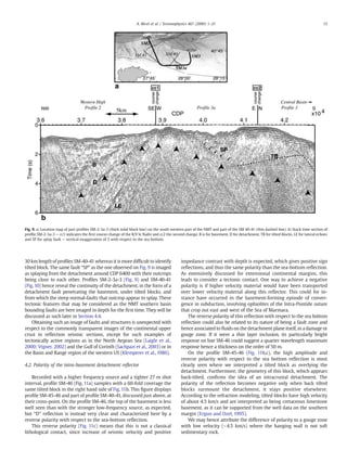 30 km length of proﬁles SM-40-41 whereas it is more difﬁcult to identify
tilted block. The same fault “SP” as the one observed on Fig. 9 is imaged
as splaying from the detachment around CDP 6400 with their outcrops
being close to each other. Proﬁles SM-2-3a-3 (Fig. 9) and SM-40-41
(Fig. 10) hence reveal the continuity of the detachment, in the form of a
detachment fault penetrating the basement, under tilted blocks, and
from which the steep normal-faults that outcrop appear to splay. These
tectonic features that may be considered as the NMT southern basin
bounding faults are here imaged in depth for the ﬁrst time. They will be
discussed as such later in Section 4.4.
Obtaining such an image of faults and structures is unexpected with
respect to the commonly transparent images of the continental upper
crust in reﬂection seismic sections, except for such examples of
tectonically active regions as in the North Aegean Sea (Laigle et al.,
2000; Vigner, 2002) and the Gulf of Corinth (Sachpazi et al., 2003) or in
the Basin and Range region of the western US (Klemperer et al., 1986).
4.2. Polarity of the intra-basement detachment reﬂector
Recorded with a higher frequency source and a tighter 27 m shot
interval, proﬁle SM-46 (Fig. 11a) samples with a 60-fold coverage the
same tilted block in the right hand side of Fig. 11b. This ﬁgure displays
proﬁle SM-45-46 and part of proﬁle SM-40-41, discussed just above, at
their cross-point. On the proﬁle SM-46, the top of the basement is less
well seen than with the stronger low-frequency source, as expected,
but “D” reﬂection is instead very clear and characterized here by a
reverse polarity with respect to the sea-bottom reﬂection.
This reverse polarity (Fig. 11c) means that this is not a classical
lithological contact, since increase of seismic velocity and positive
impedance contrast with depth is expected, which gives positive sign
reﬂections, and thus the same polarity than the sea-bottom reﬂection.
As extensively discussed for extensional continental margins, this
leads to consider a tectonic contact. One way to achieve a negative
polarity is if higher velocity material would have been transported
over lower velocity material along this reﬂector. This could for in-
stance have occurred in the basement-forming episode of conver-
gence in subduction, involving ophiolites of the Intra-Pontide suture
that crop out east and west of the Sea of Marmara.
The reverse polarity of this reﬂection with respect to the sea bottom
reﬂection could also be related to its nature of being a fault zone and
hence associated to ﬂuids on the detachment plane itself, in a damage or
gouge zone. If it were a thin layer inclusion, its particularly bright
response on line SM-46 could suggest a quarter wavelength maximum
response hence a thickness on the order of 50 m.
On the proﬁle SM-45-46 (Fig. 11b,c), the high amplitude and
reverse polarity with respect to the sea bottom reﬂection is most
clearly seen where we interpreted a tilted block as overlying the
detachment. Furthermore, the geometry of this block, which appears
back-tilted, conﬁrms the idea of an intracrustal detachment. The
polarity of the reﬂection becomes negative only when back tilted
blocks surmount the detachment, it stays positive elsewhere.
According to the refraction modeling, tilted blocks have high velocity
of about 4.5 km/s and are interpreted as being cretaceous limestone
basement, as it can be supported from the well data on the southern
margin (Ergun and Ozel, 1995).
We may hence attribute the difference of polarity to a gouge zone
with low velocity (b4.5 km/s) where the hanging wall is not soft
sedimentary rock.
Fig. 9. a) Location map of part proﬁles SM-2-3a-3 (thick solid black line) on the south western part of the NMT and part of the SM 40-41 (thin dashed line). b) Stack time section of
proﬁle SM-2-3a-3 — cc1 indicates the ﬁrst course change of the R/V le Nadir and cc2 the second change. B is for basement, D for detachment, TB for tilted blocks, LE for lateral echoes
and SP for splay fault — vertical exaggeration of 3 with respect to the sea bottom.
13A. Bécel et al. / Tectonophysics 467 (2009) 1–21
 