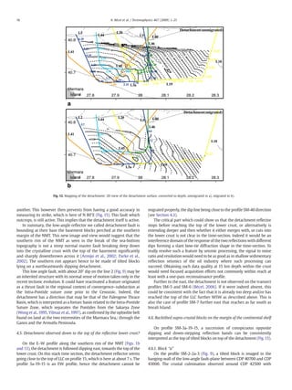 another. This however then prevents from having a good accuracy in
measuring its strike, which is here of N 80°E (Fig. 15). This fault which
outcrops, is still active. This implies that the detachment itself is active.
In summary, the low-angle reﬂector we called detachment fault is
bounding at their base the basement blocks perched at the southern
margin of the NMT. This new image and view would suggest that the
southern rim of the NMT as seen in the break of the sea-bottom
topography is not a steep normal master fault breaking deep down
into the crystalline crust with the top of the basement signiﬁcantly
and sharply downthrown across it (Armijo et al., 2002; Parke et al.,
2002). The southern rim appears hence to be made of tilted blocks
lying on a northeastwards dipping detachment.
This low angle fault, with about 20° dip on the line 2 (Fig. 9) may be
an inherited structure with its normal sense of motion taken only in the
recent tectonic evolution. It could have reactivated a feature originated
as a thrust fault in the regional context of convergence–subduction at
the Intra-Pontide suture zone prior to the Cenozoic. Indeed, the
detachment has a direction that may be that of the Paleogene Thrace
Basin, which is interpreted as a forearc basin related to the Intra-Pontide
Suture Zone, which separates the Pontides from the Sakarya Zone
(Wong et al.,1995, Yilmaz et al.,1997), as conﬁrmed by the ophiolite belt
found on land at the two extremities of the Marmara Sea,: through the
Ganos and the Armutlu Peninsula.
4.5. Detachment observed down to the top of the reﬂective lower crust?
On the E–W proﬁle along the southern rim of the NMT (Figs. 1b
and 13), the detachment is followed dipping east, towards the top of the
lower crust. On this stack time section, the detachment reﬂector seems
going close to the top of LLC on proﬁle 15, which is here at about 7 s. The
proﬁle 3a-19-15 is an EW proﬁle, hence the detachment cannot be
migrated properly, the dip line being close to the proﬁle SM-40 direction
(see Section 4.3).
The critical part which could show us that the detachment reﬂector
stops before reaching the top of the lower crust, or alternatively is
extending deeper and then whether it either merges with, or cuts into
the lower crust is not clear in the time-section. Indeed it would be an
interference domain of the response of the two reﬂections with different
dips forming a slant bow-tie diffraction shape in the time-section. To
really resolve such a feature by seismic processing, the signal to noise
ratio and resolution would need to be as good as in shallow sedimentary
reﬂection seismics of the oil industry where such processing can
succeed. Obtaining such data quality at 15 km depth within the crust
would need focused acquisition efforts not commonly within reach at
least with a one-pass reconnaissance proﬁle.
Further to the east, the detachment is not observed on the transect
proﬁles SM-5 and SM-6 (Bécel, 2006). If it were indeed absent, this
could be consistent with the fact that it is already too deep and/or has
reached the top of the LLC further WSW as described above. This is
also the case of proﬁle SM-7 further east that reaches as far south as
Imrali Island.
4.6. Backtilted supra-crustal blocks on the margin of the continental shelf
On proﬁle SM-3a-19-15, a succession of conspicuous opposite
dipping and down-stepping reﬂection bands can be consistently
interpreted as the top of tilted blocks on top of the detachment (Fig.13).
4.6.1. Block “a”
On the proﬁle SM-2-2a-3 (Fig. 9), a tilted block is imaged in the
hanging-wall of the low-angle fault-plane between CDP 40700 and CDP
43000. The crustal culmination observed around CDP 42500 with
Fig. 12. Mapping of the detachment: 2D view of the detachment surface, converted to depth, unmigrated in a), migrated in b).
16 A. Bécel et al. / Tectonophysics 467 (2009) 1–21
 