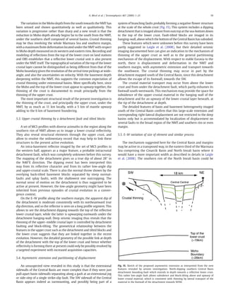 The variation in the Moho depthfrom thesouth towards theNMT has
been sensed and shown quantitatively as well as qualitatively. This
variation is progressive rather than sharp and a new result is that the
reduction in Moho depth already begins far to the south from the NMT,
under the southern shelf composed of several basins. Crustal thinning
may be thus involving the whole Marmara Sea and southern margin,
witha maximum ﬁnite deformation located underthe NMTwithrespect
to Moho depth measured onits western and eastern rims. Recording and
modeling of reﬂections from the top of the lower crust on land stations
and OBS establishes that a reﬂective lower crustal unit is also present
under the NMT itself. The topographical variation of the top of the lower
crustal layer cannot be distinguished as being different from that of the
Moho boundarygiven theresolution of thearrival time pickings at wide-
angle, and also the uncertainties on velocity. With the basement depth
deepening within the NMT, this supports the common expectation of
crustal thinning under extensional basins. More speciﬁcally here, since
the Moho and the top of the lower crust appear to upwarp together, the
thinning of the crust is documented to result principally from the
thinning of the upper crust.
The most important structural result of the present investigation is
the thinning of the crust, and principally the upper crust, under the
NMT, by as much as 11 km locally, with a 5 km of mantle upwarp
adding to the 6 km of basement foundering.
5.3. Upper crustal thinning by a detachment fault and tilted blocks
A set of MCS proﬁles with diverse azimuths in the region along the
southern rim of NMT allows us to image a lower crustal reﬂectivity.
They also reveal structural elements through the upper crust, and
allow to resolve the sedimentary record that may help to link these
structures to the present active evolution.
An intra-basement reﬂector imaged by the set of MCS proﬁles in
the western half, appears as a major feature, a probable intracrustal
detachment fault, which was completely unknown before this survey.
The mapping of the detachment gives us a true dip of about 28° in
the N40°E direction. The dipping event has been interpreted this
way from its reﬂective character and from its rather low-angle dip
and upper-crustal scale. There is also the normal throw shown by the
overlying back-tilted basement blocks separated by steep normal-
faults and splay faults, with the shallowest one outcropping. The
normal sense of motion on the detachment is thus suggested to be
active at present. However, the low-angle geometry might have been
inherited from previous episodes of crustal evolution in a conver-
gence context.
On the E–W proﬁle along the southern margin, the apparent dip of
the detachment is moderate consistently with its northeastward true
dip direction, and so the reﬂector is seen on a long proﬁle segment. This
allows to see the detachment dipping towards the top of the reﬂective
lower crustal layer, while the latter is upwarping eastwards under the
detachment hanging-wall. Deep seismic imaging thus reveals that the
thinning of the upper–middle crustal layer is controlled by detachment
faulting and block-tilting. The geometrical relationship between the
features in the upper crust such as the detachment and tilted blocks and
the lower crust suggests that they are linked together in the recent
evolution. However, the detailed geometry of the possible link at depth
of the detachment with the top of the lower crust and hence whether
reﬂectivity is forming there at present could only be possibly resolved by
a targeted experiment with increased acquisition capacities.
5.4. Asymmetric extension and partitioning of displacement
An unsuspected view revealed in this study is that the extensional
sidewalls of the Central Basin are more complex than if they were just
pull-apart basin sidewalls separating along a gash at an extensional jog
or side-step of a single strike-slip fault. The SW sidewall of the Central
Basin appears indeed as surmounting, and possibly being part of a
system of branching faults probably forming a negative ﬂower structure
at the scale of the whole crust (Fig. 15). This system includes a dipping
detachment that is imaged almost from outcrop at the sea-bottom down
to the top of the lower crust. Fault-tilted blocks are imaged in its
hanging-wall, above which the bottom of the Central Basin has subsided.
These features which were unknown before this survey have been
partly suggested in Laigle et al. (2008), but their detailed seismic
imaging documented here can give an indication to the mechanism of
thinning of the upper crust as well as to the general partitioning
mechanism of the displacement. With respect to stable Eurasia to the
north, there is displacement and deformation in the NMT and
southern margin, with asymmetric extension and transport towards
the southwest. The crustal thinning may occur in part by the
detachment mapped south of the Central Basin, since this detachment
allows the escape of its footwall, towards the SW.
The crustal material transport may occur from above the lower
crust and from under the detachment fault, which partly exhumes its
footwall south-westwards. This mechanism may provide the space for
subsidence of the upper crustal material in the hanging wall of the
detachment and for an upwarp of the lower crustal layer beneath, at
the tip of the detachment at depth.
The detailed features of basin and basement heterogeneity imaged
south of the Central Basin conﬁrm that this large-scale extension and
corresponding right-lateral displacement are not restricted to the deep
basins only but is accommodated by localization of displacement on
several faults in the broad region of the NMT and southern rim or even
margin.
5.5. E–W variation of size of element and similar process
The mechanism suggested here for the Central Basin and margins
may be active in a transposed way, in the eastern third of the Marmara
Sea comprising the Cinarcik Basin and North Imrali basin where it
would have a more important width as described in details in Laigle
et al. (2008). The southern rim of the North Imrali basin could be
Fig. 15. Sketch of the proposed asymmetric extension as interpreted from the new
features revealed by seismic investigation: North-dipping southern Central Basin
detachment bounding-fault which extends in depth towards a reﬂective lower crust.
This rather low-angle fault allows subsidence and block-tilting above and upwarp of
lower crustal material, which is consistent with thinning by lateral transport of the
material in the footwall of the detachment towards WSW.
19A. Bécel et al. / Tectonophysics 467 (2009) 1–21
 