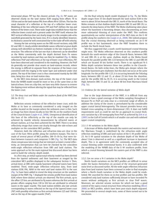 intracrustal phase, PiP has the clearest arrivals (Fig. 6). PiP waves are
observed clearly on the land station ELM ranging from offsets 70 to
110 km and on the land station PAL from offsets 90 to 120 km. This has the
usual character of a reﬂection at the top of a reﬂective lower crust.
Modeling of the two reﬂected waves (PiP and PmP) deﬁnes the top and
bottom of the lower crust. These wide-angle data establish hence that the
reﬂective lower crustal unit is present under the NMT itself, whereas the
MCS vertical reﬂection does not clearly image it in the complex side-echo
waveﬁeld generated by the basin rims. If it is clearly identiﬁed, however,
its thickness cannot bewell constrained due tothe trade-off with velocity.
Among the late arriving waves on the OBS record-sections, only OBS
02 and OBS 11 clearly exhibit identiﬁable waves reﬂected at great depth
among well-identiﬁed sea-bottom multiples in the late response of the
structure. The reﬂector of the last one that is observed can be identiﬁed
as the Moho consistently with the depth derived from Pn waves
recorded by land stations and they can then be modeled (Fig. 4). Moho
reﬂections PmP and reﬂections at the top of lower crust reﬂections, PiP,
have been observed and considered in the modeling. However, the PmP
do generally not provide clear onsets on land-stations records, where
the energy is difﬁcult to separate from the response of the lower crust
convolved with the ringing in the water layer and sediment under shot
points. The top of the lower crust is thus constrained mainly by the OBS
data, being less clear on land station data.
In the MCS time-domain stack-section, the top of the lower crust
from the WARR model would be more or less at the same time as the
lateral echoes. Even on a dip-line, we have very little chances to remove
the dipping event without altering the signal that may be reﬂected from
the lower crust.
3.2. The deep crust and Moho under the southern ﬂank of the NMT (line
SM-3a-19-15)
Reﬂection seismic evidence of the reﬂective lower crust, with the
Moho at its base as commonly considered is only imaged on the
proﬁles located on the margin where the sediment cover is thin. Such
an image has been shown locally on line SM-36, on the southern ﬂank
of the Cinarcik basin (Laigle et al., 2008). Unequivocal identiﬁcation of
this base of the reﬂectivity as the top of the mantle can only be
achieved by mantle velocity measurement by refracted waves at
distant stations, as it has been achieved for the NMT. There is no deep
reﬂectivity image that comes out clearly through the side-echoes and
multiples on the coincident MCS proﬁles.
However, both the reﬂection and refraction data are clear in the
case of the East–West proﬁle along the southern margin. This line is
made of several pieces of MCS proﬁles, SM-15-19-3a, that were tie-
lines between transects and comprises 5 OBS (Fig. 7a). The MCS data
show conspicuous late energy that we interpret as lower crustal reﬂec-
tivity, an interpretation that can here be checked by the coincident
wide-angle reﬂection–refraction from OBS and land stations. The
same approach as for the main regional line discussed above has been
used to build the velocity–depth model.
In a ﬁrst step, an initial supracrustal velocity model has been derived
from the layered sediments and their basement as imaged by the
coincident MCS proﬁles displayed in the subsequent Section 4. Then,
arrival-times at OBS with mainly basement refracted waves have been
modeled. Third, wide-angle reﬂection–refraction data, from land
stations ELM, PAL, MAH to the west and land station FEV to the east
(Fig. 7a) have been added to reveal the deep structure on the southern
margin of the NMT. Fig. 7 displayed the seismic proﬁle from land station
ELM, where three distinct arrivals are observed. The ﬁrst arrivals, up to
the offset 125 km, are attributed to Pg waves whereas the ﬁrst arrivals at
greater offsets ranging from 138 to 162 km are attributed to refracted
waves in the upper mantle. This land station exhibits also late arrivals
corresponding to waves reﬂected on the top of the layered lower crust
(PiP) with possibly refractions as ﬁrst-arrivals between 125 and 138 km,
and on the top of the upper-mantle (PmP).
On the ﬁnal velocity depth model displayed in Fig. 7b, the Moho
depth ranges from 35 km depth beneath the land station ELM in the
west to about 26 km beneath the OBS 31, north of the Imrali Basin. The
Moho remains at that shallow depth between OBS 32 and OBS 29, i.e.
towards the deep basins of the NMT. The Moho shallowing takes place
where the basement is becoming deeper, thus documenting an even
more substantial thinning of crust under the NMT. This conﬁrms
quantitatively our earlier interpretation of the MCS data on the E–W
proﬁle along the southern rim (Laigle et al., 2008). We indeed propose
that the crustal thinning observed as being eastwards on an E–W
proﬁle was in fact basinwards, since the NMT broadens there to
include the North Imrali basin.
We thus suggested that a south–north basinward crustal thinning
might exist. The Moho reﬂection observed on this southern proﬁle
beneath the south-western edge of the Cinarcik Basin, between OBS
32 and OBS 29, is at the same, shallow, depth as the Moho found
beneath the parallel proﬁle SM-1/23 between the OBS 12 and OBS 04
which are located 10 km further north. There is no signiﬁcant N–S
Moho depth variation between these two proﬁles in the Cinarcik–
Imrali Basins. On both strike-lines, the Moho gets deeper where the
top of the basement gets shallower, but this does not occur at the same
longitude. For the proﬁle SM-1/23, it is occurring beneath the Tekirdag
basin, between OBS 12 and 13, at about 25 km from the shoreline,
and for the proﬁle SM-3a-19-15, it is occurring south to the Central
High, between OBS 33 and 32, at about 40 km from Marmara Island
(Fig. 7a).
3.3. Evidence for the lateral variation of Moho depth
Due to the large dimension of the NMT, it is difﬁcult from any
station to have a good coverage of the Moho sampling throughout it
because Pn or PmP are only clear in a restricted range of offsets. In
addition the clarity of the onsets is perturbated by the considerable
upper crustal lateral heterogeneity. The dataset provides hence very
limited cross-sampling in three-dimensional (3D). It does not fulﬁll
requirements such as could be met for an approach to crustal thick-
ness variation by a 3D tomography from PmP as achieved by Zelt et al.
(2005) in the Gulf of Corinth which is of smaller size and with subdued
upper crustal complexity.
3.3.1. E–W variations in the Moho depth
A decrease of Moho depth beneath the eastern and western rim of
the Marmara Trough is underlined by the refraction–wide angle
reﬂection modeling of OBS and land station of the E–W proﬁle SM-1/
23. An E–W spatial variation in the absolute depth of the Moho of
about 5 km is observed as well as a signiﬁcant increase in basement
depth. This is in agreement with the commonly accepted idea of
crustal thinning under extensional basins. It is also conﬁrmed with
the modeling of the WARR data of the E–W southern proﬁle, from
which a crustal thinning beneath the eastern part of the NMT is also
inferred.
3.3.2. Can we sense a N–S variation in the Moho depth?
North–South variations on the MCS proﬁles are difﬁcult to sense
under the basins themselves on account of the structure-generated
noise level as discussed earlier. All the wide angle reﬂection refraction
data from land stations have been screened in order to ﬁnd examples
where a North–South variation in the Moho depth could be estab-
lished. We searched for them on in-line proﬁles and fan-proﬁles. We
considered only land stations sufﬁciently distant to have recorded Pn
waves without ambiguity as ﬁrst arrivals or clear PmP waves.
Moreover, we selected seismic sections for which we have a good
control of the supra-crustal structure from refraction modeling (Bécel,
2006) or MCS proﬁles, which have been post-stack depth-migrated.
We proceeded to several simple tests, some of them turned out to be
conclusive.
9A. Bécel et al. / Tectonophysics 467 (2009) 1–21
 