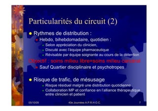 Particularités du circuit (2)
   Rythmes de distribution :
           Hebdo, bihebdomadaire, quotidien :
             Selon appréciation du clinicien,
             Discuté avec l’équipe pharmaceutique
             Révisable par équipe soignante au cours de la détention
Objectif : soins milieu libre=soins milieu carcéral
           Sauf Quartier disciplinaire et psychotropes

   Risque de trafic, de mésusage
             Risque résiduel malgré une distribution quotidienne
             Collaboration MP et confiance en l’alliance thérapeutique
             entre clinicien et patient

05/10/09                  40e Journées A.P.R.H.O.C.                    7
 