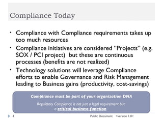 Compliance Today <version 1.0>  Public Document ,[object Object],[object Object],[object Object],Compliance must be part of your organization DNA Regulatory Compliance is not just a legal requirement but  a  critical business function .  