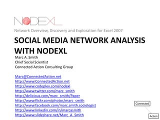 Network Overview, Discovery and Exploration for Excel 2007 Social Media Network Analysis with NodeXL Marc A. Smith Chief Social Scientist Connected Action Consulting Group Marc@ConnectedAction.net http://www.ConnectedAction.net http://www.codeplex.com/nodexl http://www.twitter.com/marc_smith http://delicious.com/marc_smith/Paper http://www.flickr.com/photos/marc_smith http://www.facebook.com/marc.smith.sociologist http://www.linkedin.com/in/marcasmith http://www.slideshare.net/Marc_A_Smith 
