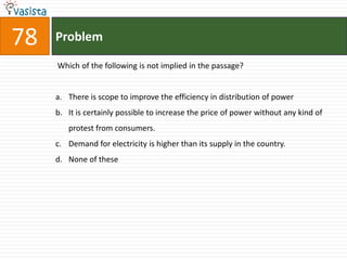 78   Problem

     Which of the following is not implied in the passage?


     a. There is scope to improve the efficiency in distribution of power
     b. It is certainly possible to increase the price of power without any kind of
        protest from consumers.
     c. Demand for electricity is higher than its supply in the country.
     d. None of these
 