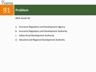 91   Problem

     IRDA stands for


     a. Insurance Regulatory and Development Agency
     b. Insurance Regulatory and Development Authority
     c. Indian Rural Development Authority
     d. Industrial and Regional Development Authority
 