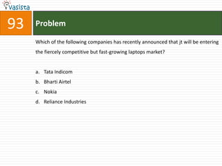 93   Problem

     Which of the following companies has recently announced that jt will be entering
     the fiercely competitive but fast-growing laptops market?


     a. Tata Indicom
     b. Bharti Airtel
     c. Nokia
     d. Reliance Industries
 