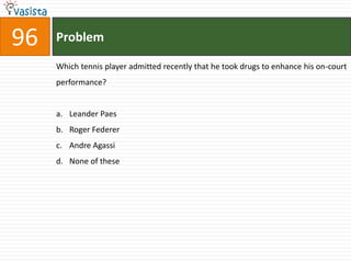96   Problem

     Which tennis player admitted recently that he took drugs to enhance his on-court
     performance?


     a. Leander Paes
     b. Roger Federer
     c. Andre Agassi
     d. None of these
 