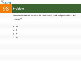 98   Problem

     How many cubes will remain if the cubes having black and green colours are
     removed'?


     a. 12
     b. 8
     c. 4
     d. 16
 