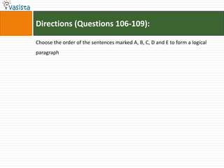 Directions (Questions 106-109):

Choose the order of the sentences marked A, B, C, D and E to form a logical
paragraph
 