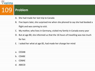 109   Problem

      A. She had made her last trip to Canada
      B. Five layers later, she surprised me when she phoned to say she had booked a
         flight and was coming to visit.
      C. My mother, who lives in Germany, visited my family in Canada every year
      D. But at age 80, she informed us that the 16 hours of travelling was too much
         for her.
      E. I asked her what at age 85, had made her change her mind


      a. CEDAB
      b. CDABE
      c. CDBAE
      d. ABECD
 