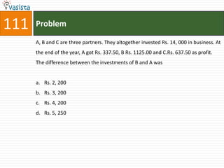 111   Problem

      A, B and C are three partners. They altogether invested Rs. 14, 000 in business. At
      the end of the year, A got Rs. 337.50, B Rs. 1125.00 and C.Rs. 637.50 as profit.
      The difference between the investments of B and A was


      a. Rs. 2, 200
      b. Rs. 3, 200
      c. Rs. 4, 200
      d. Rs. 5, 250
 