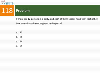 118   Problem

      If there are 12 persons in a party, and each of them shakes hand with each other,
      how many handshakes happens in the party?


      a. 77
      b. 66
      c. 44
      d. 55
 