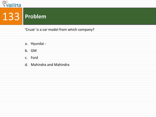 133   Problem

      'Cruze' is a car model from which company?


      a. Hyundai -
      b. GM
      c. Ford
      d. Mahindra and Mahindra
 