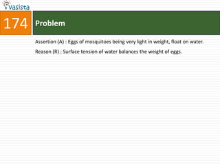 174   Problem

      Assertion (A) : Eggs of mosquitoes being very light in weight, float on water.
      Reason (R) : Surface tension of water balances the weight of eggs.
 