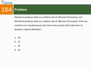 184   Problem

      Machine A produces bolts at a uniform rate of 120 every 40 seconds, and
      Machine B produces bolts at a uniform rate of 100 every 20 seconds. If the two
      machines run simultaneously, then how many seconds will it take them to
      produce a total of 200 bolts?


      a. 28
      b. 25
      c. 22
      d. 32
 